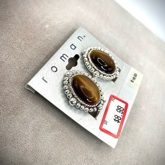 Vintage Roman tigers eye style cabochon set in silver tone clip on earrings NWT - Picture 8 of 8